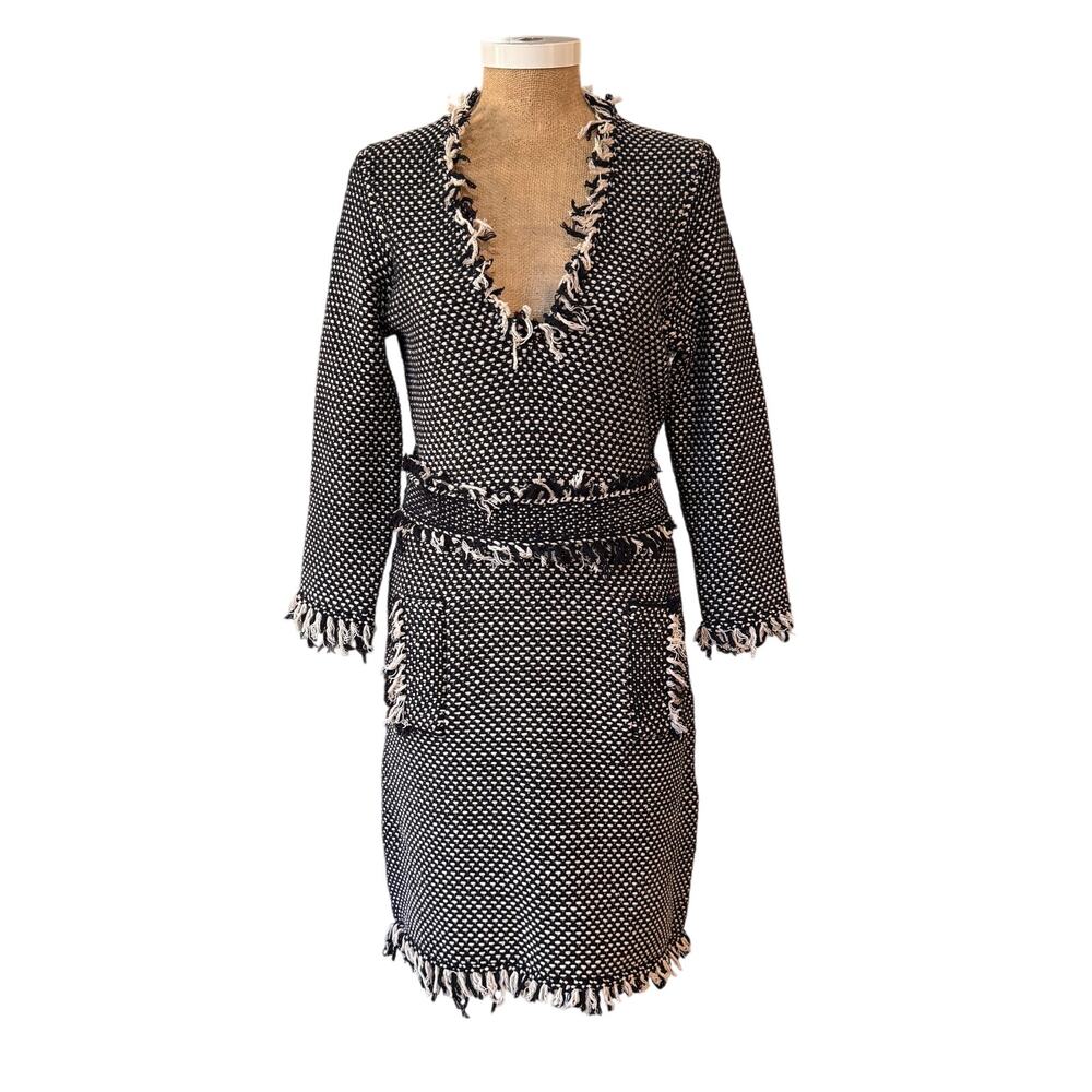 Tracy Reese Black White Knit Long Sleeve Dress Fringe Anthropologie Medium